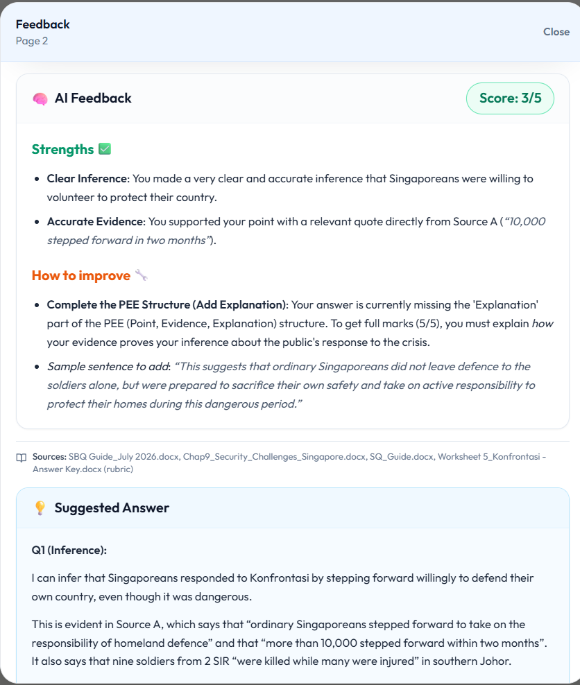 Lexa AI feedback showing score, strengths, and how to improve